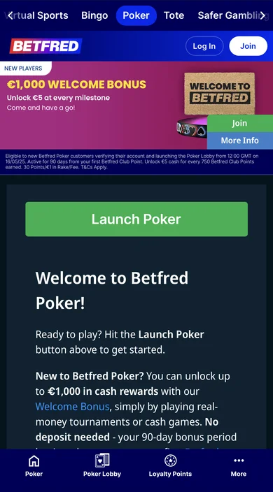 Betfred Poker mobile website showing its welcome page and Launch Poker button