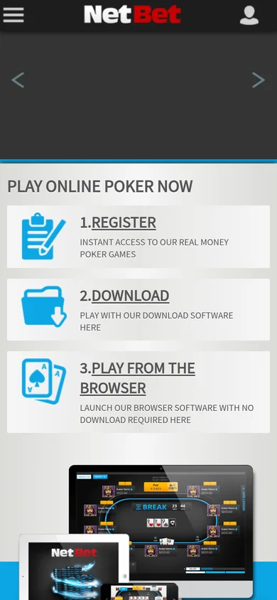 NetBet Poker mobile website showing registration, download and browser-play options